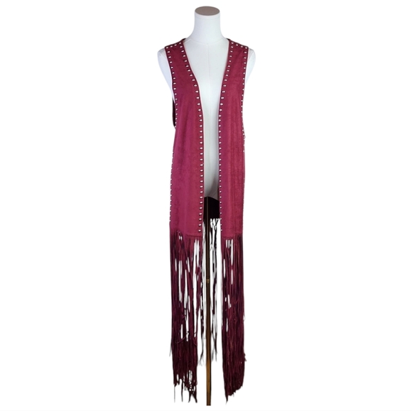 Crazy Train Burgundy Fringe Vest OS Studded Western Festival Rodeo Duster - Picture 1 of 8